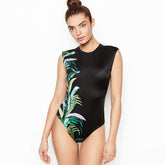 Palm Leaf Cutout Back High Neck Brazilian One Piece Swimsuit